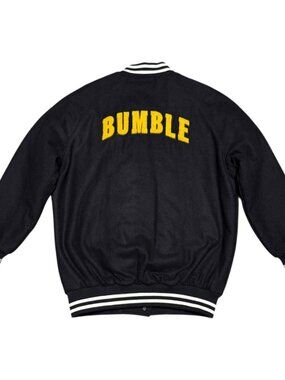 BUMBLE Social Dating App Black LETTERMAN Bomber Varsity Jacket Mens Small Rare